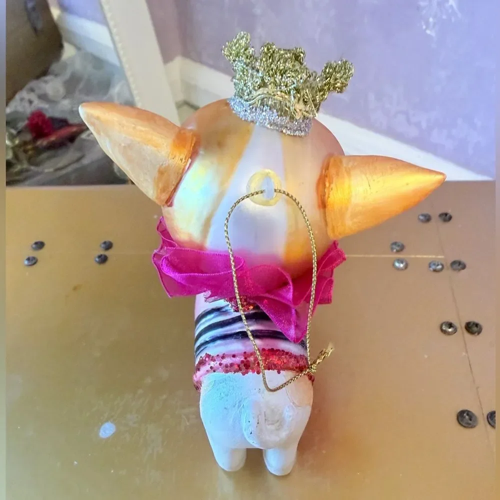 Hand Blown Chihuahua Dog Figurine with Crown and Pink Collar